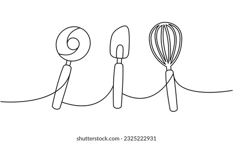 Kitchen utensils one line continuous drawing. Wheel pizza cutter, confectionery spatula, cooking whisk continuous one line illustration.