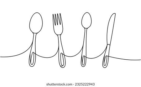 Kitchen utensils one line continuous drawing. Kitchen spoon, knife, fork continuous one line illustration.