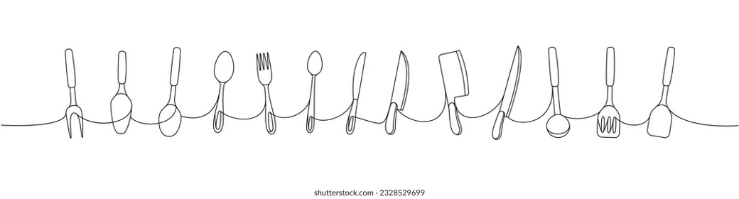 Kitchen utensils one line continuous drawing. Kitchen spatula, ladle, spoon, knife, fork, wheel pizza cutter, cooking whisk one line illustration.