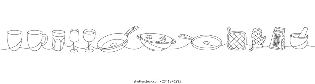 Kitchen utensils one line continuous drawing. Cup, wineglass, frying pan, colander, hand steel grater, mortar, rolling pin one line illustration.