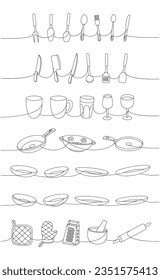 Kitchen utensils one line continuous drawing. Kitchen cooking tools and appliances, kitchenware, utensil continuous one line illustration.