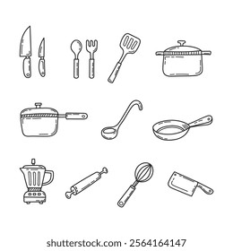 Kitchen Utensils Outline Set Hand Drawn Cooking Tools Collection