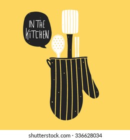 Kitchen Utensils In The Oven Glove  Kitchen Hand-drawn Illustration