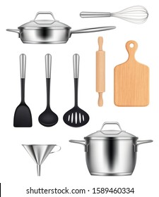 Kitchen utensils. Pans steel pot griddles knives items for cooking food vector realistic images set