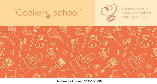 Kitchen utensils pattern. Bakery background drawing. Vector templates for bakehouse packaging in trendy line style. Bread house banner with seamless pattern. Cookery school. Cooking class backdrop.