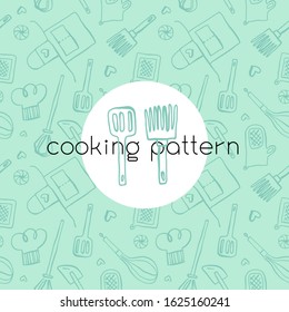 Kitchen utensils pattern. Bakery background drawing. Vector templates for bakehouse packaging in trendy line style. Bread house banner with seamless pattern. Cookery school. Cooking class backdrop.