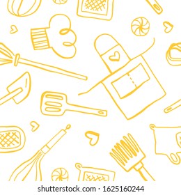 Kitchen utensils pattern. Bakery background drawing. Vector templates for bakehouse packaging in trendy line style. Bread house banner with seamless pattern. Cookery school. Cooking class backdrop.