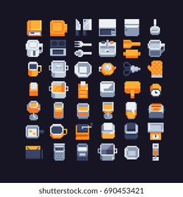 kitchen utensils pixel art icons set, vector illustrations. complementary colors.