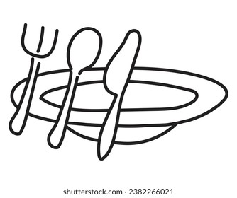kitchen utensils and plate. spoon, fork and knife. coloring book with black linear outline. vector icon for website, application.