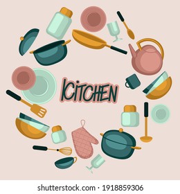 Kitchen utensils. Plates, cups, glasses, pots, teapot, frying pan . vector illustration in a flat style.