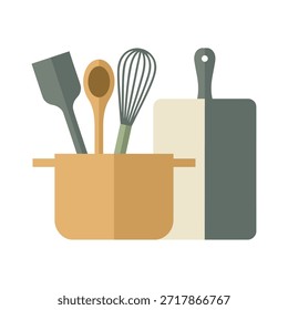 Kitchen utensils in a pot with cutting boards cooking tools