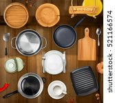 Kitchen utensils. Pots, pans, plates. Top view 3d vector object set