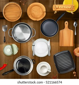 Kitchen utensils. Pots, pans, plates. Top view 3d vector object set