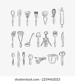 Kitchen utensils to prepare food and bakery drawing in graphic style on grey background