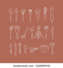 Kitchen utensils to prepare food and bakery drawing in graphic style on coral background