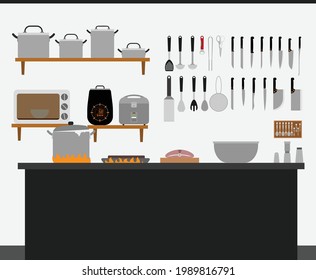 Kitchen utensils are prepared for cooking.