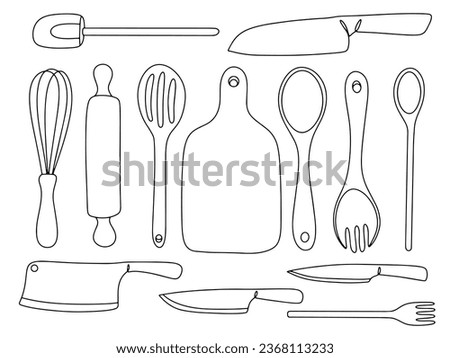 Kitchen utensils for preparing food. Cook's tools. One line drawing for different uses. Vector illustration.