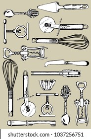 Kitchen utensils. Range of tools on a tan background. Vector drawing. Menu, poster, kitchen art. Wire whisk, pizza cutter, cake slice, Bottle opener, Cheese knife, Tongs, Pie tin, Nut cracker, spoon.
