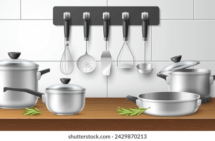 Kitchen utensils. Realistic cookware on wooden table. Steel pots with glass lids and pans, cooking accessories skimmer, whisk and spatula, home kitchenware, isolated elements. Vector concept