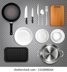 Kitchen utensils realistic set top view  with cutlery knives plates cutting board frying pan transparent vector illustration 