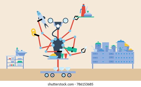 Kitchen utensils with robot, cooking tools and kitchenware equipment, cartoon flat style design vector illustration.