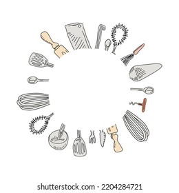 Kitchen utensils round doodle frame with vector elements. Cooking tools circle border.