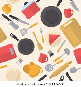 Kitchen utensils seamles colorful pattern. Vector.