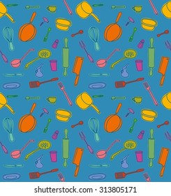 Kitchen Utensils seamless color pattern on blue background, vector