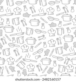 Kitchen utensils seamless pattern background. kitchen set seamless pattern background. hand drawn doodle of kitchen set pattern background. Doodle illustrations of cooking utensils seamless pattern.