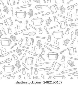 Kitchen utensils seamless pattern background. kitchen set seamless pattern background. hand drawn doodle of kitchen set pattern background. Doodle illustrations of cooking utensils seamless pattern.