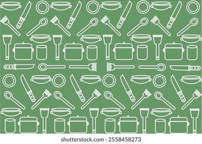 Kitchen utensils seamless pattern background, kitchen set seamless pattern background, hand drawn doodle of kitchen set pattern background. Kitchen utensils vector illustration.