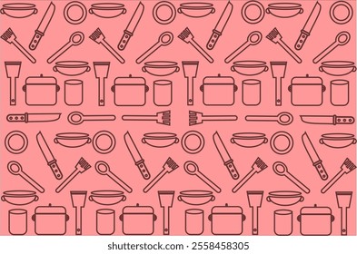 Kitchen utensils seamless pattern background, kitchen set seamless pattern background, hand drawn doodle of kitchen set pattern background. Kitchen utensils vector illustration.