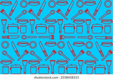 Kitchen utensils seamless pattern background, kitchen set seamless pattern background, hand drawn doodle of kitchen set pattern background. Kitchen utensils vector illustration.