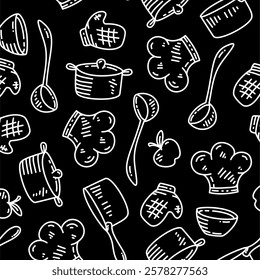 Kitchen utensils seamless pattern background. kitchen set seamless pattern background. hand drawn doodle of kitchen set pattern background. Doodle illustrations of cooking utensils seamless pattern.