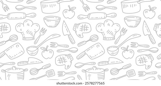 Kitchen utensils seamless pattern background. kitchen set seamless pattern background. hand drawn doodle of kitchen set pattern background. Doodle illustrations of cooking utensils seamless pattern.