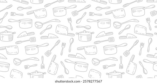 Kitchen utensils seamless pattern background. kitchen set seamless pattern background. hand drawn doodle of kitchen set pattern background. Doodle illustrations of cooking utensils seamless pattern.