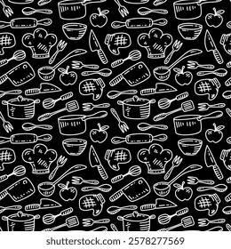 Kitchen utensils seamless pattern background. kitchen set seamless pattern background. hand drawn doodle of kitchen set pattern background. Doodle illustrations of cooking utensils seamless pattern.