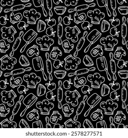 Kitchen utensils seamless pattern background. kitchen set seamless pattern background. hand drawn doodle of kitchen set pattern background. Doodle illustrations of cooking utensils seamless pattern.