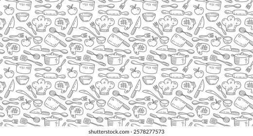 Kitchen utensils seamless pattern background. kitchen set seamless pattern background. hand drawn doodle of kitchen set pattern background. Doodle illustrations of cooking utensils seamless pattern.