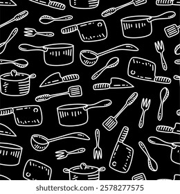 Kitchen utensils seamless pattern background. kitchen set seamless pattern background. hand drawn doodle of kitchen set pattern background. Doodle illustrations of cooking utensils seamless pattern.