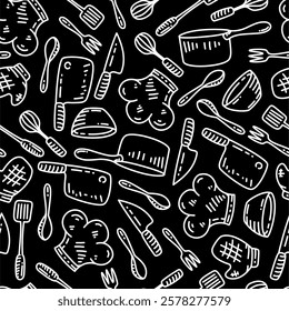 Kitchen utensils seamless pattern background. kitchen set seamless pattern background. hand drawn doodle of kitchen set pattern background. Doodle illustrations of cooking utensils seamless pattern.