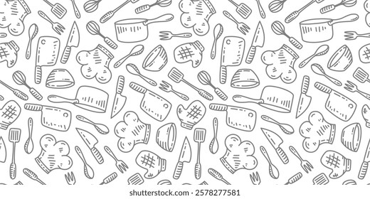 Kitchen utensils seamless pattern background. kitchen set seamless pattern background. hand drawn doodle of kitchen set pattern background. Doodle illustrations of cooking utensils seamless pattern.