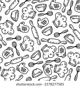 Kitchen utensils seamless pattern background. kitchen set seamless pattern background. hand drawn doodle of kitchen set pattern background. Doodle illustrations of cooking utensils seamless pattern.