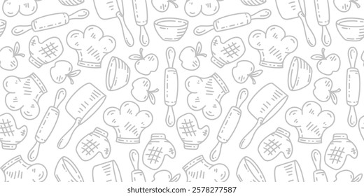 Kitchen utensils seamless pattern background. kitchen set seamless pattern background. hand drawn doodle of kitchen set pattern background. Doodle illustrations of cooking utensils seamless pattern.