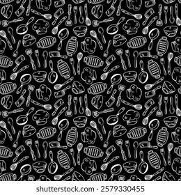 Kitchen utensils seamless pattern background. kitchen set seamless pattern background. hand drawn doodle of kitchen set pattern background. Doodle illustrations of cooking utensils