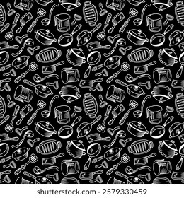 Kitchen utensils seamless pattern background. kitchen set seamless pattern background. hand drawn doodle of kitchen set pattern background. Doodle illustrations of cooking utensils