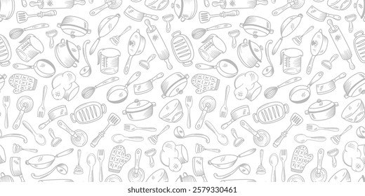 Kitchen utensils seamless pattern background. kitchen set seamless pattern background. hand drawn doodle of kitchen set pattern background. Doodle illustrations of cooking utensils