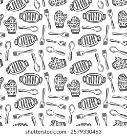 Kitchen utensils seamless pattern background. kitchen set seamless pattern background. hand drawn doodle of kitchen set pattern background. Doodle illustrations of cooking utensils