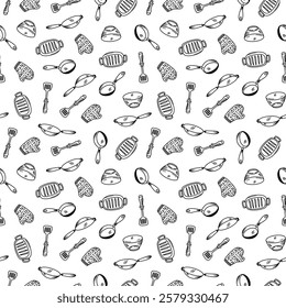 Kitchen utensils seamless pattern background. kitchen set seamless pattern background. hand drawn doodle of kitchen set pattern background. Doodle illustrations of cooking utensils