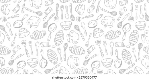 Kitchen utensils seamless pattern background. kitchen set seamless pattern background. hand drawn doodle of kitchen set pattern background. Doodle illustrations of cooking utensils